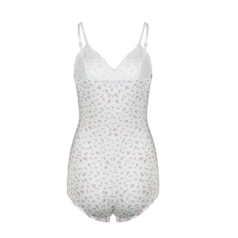 Y2K Floral Print Bodysuit – Spaghetti Straps, Sexy Lace Patchwork, Knit, Sleeveless, Slim Fit