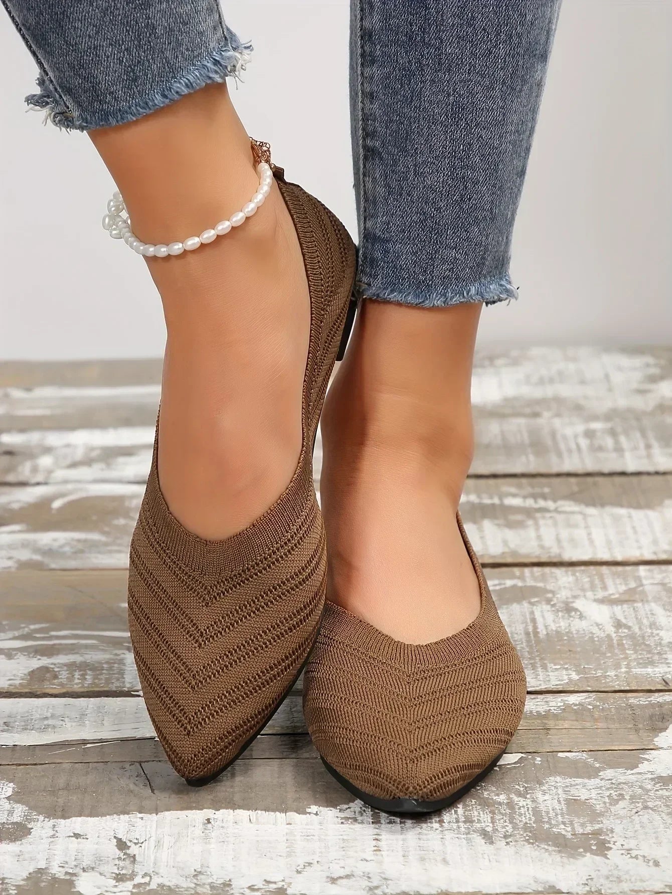 Pointed Toe Flats - Solid Color Knitted Slip-On Office Shoes, Casual Ballet Flats, Women's Loafers, Zapatos de Mujer