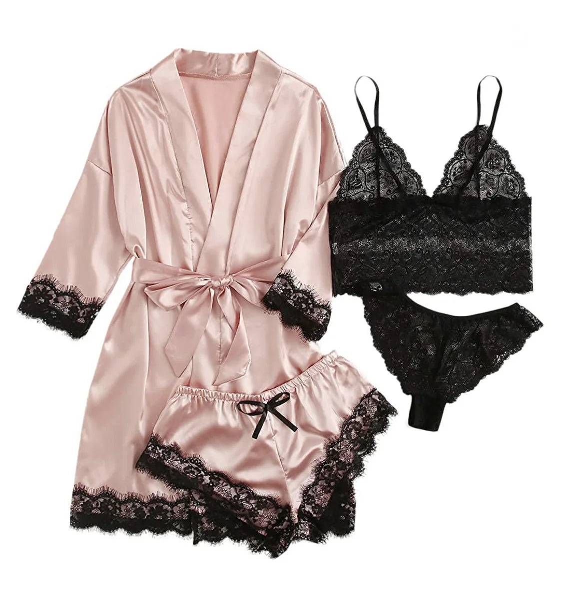 Women Fashion Pajama Print – Sexy Lace Trim Faux Silk Satin Pajama Set Gown, Skin-Friendly Comfort Loungewear, Sexy Pajamas