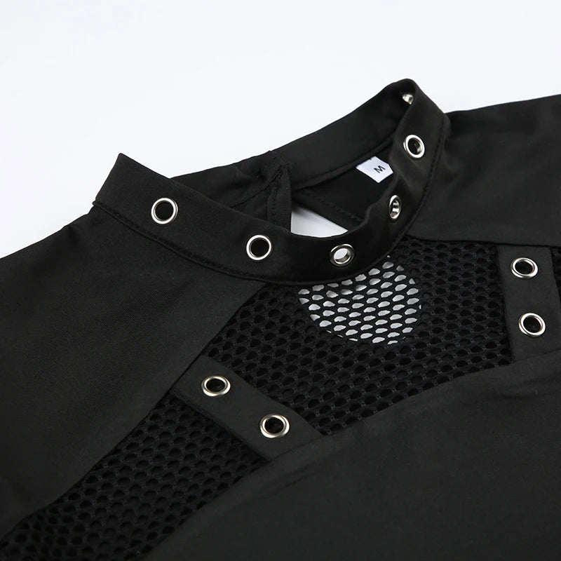 Goth Mesh Patchwork Crop Top – Sexy Hollow-Out, Long Sleeve, Eyelet Detail, Punk Style, Slim Fit Streetwear Tee