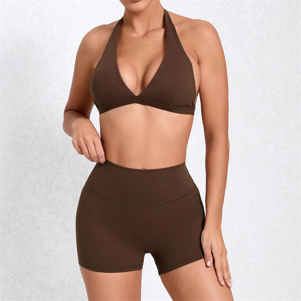 1/2PCS Deep V Bra Gym Halter Yoga Set – Women's Sportswear, Workout Fitness Shorts, Activewear Outfit