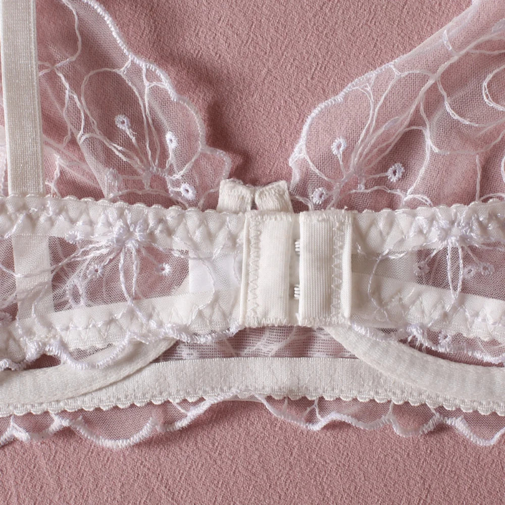 Floral Embroidery Erotic Set – Women's Transparent 3PCS Lingerie Set with Garter, Available in 3 Colors