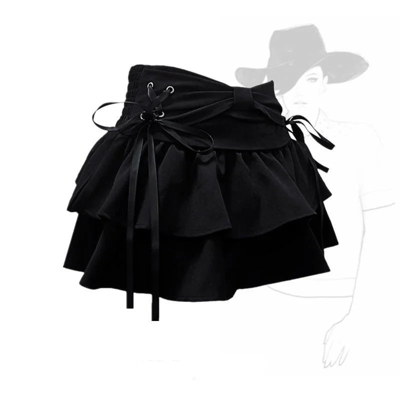 Denim Pleated A-Line Skirt – Bow Fold Design, Built-in Shorts, American Spicy Girl, Korean Fashion