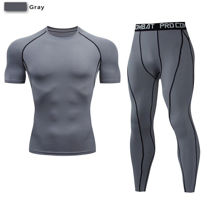 2PCS Men's Compression Sportswear – Gym Tight Yoga Set, Workout Jogging MMA Fitness Tracksuit Pants