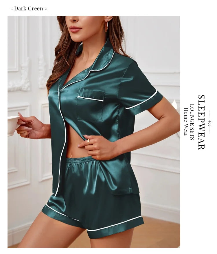 Luxurious Satin Pajama for Women – Summer Sleepwear, Short Sleeve Top with Button-Up Lapel Collar & Shorts, Femme Lounge Set