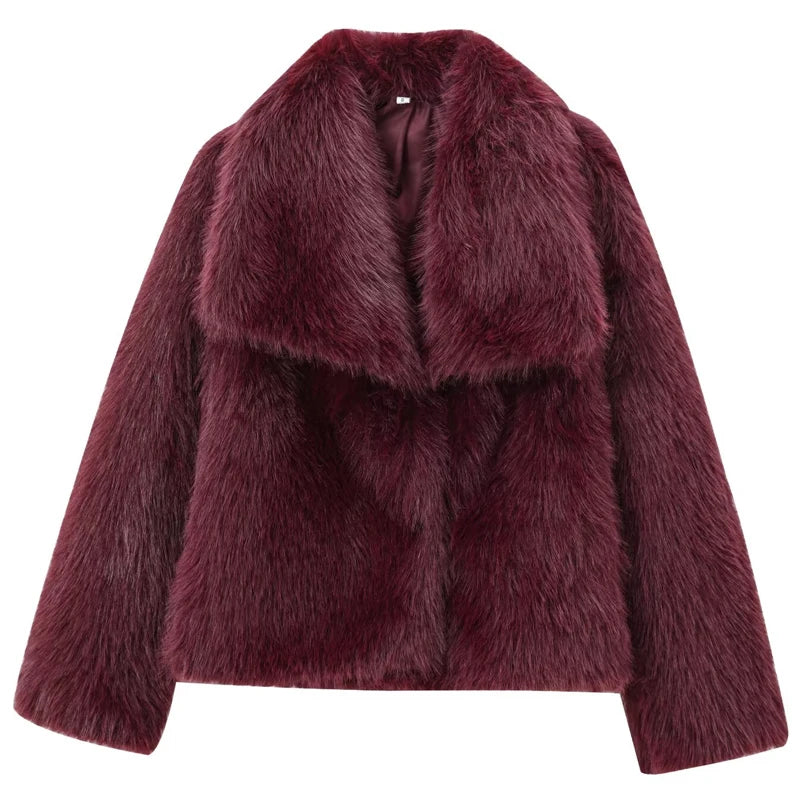 Women's Fur Coat – Plush Burgundy Bomber, Cropped Long Sleeve, Warm Winter Casual Jacket