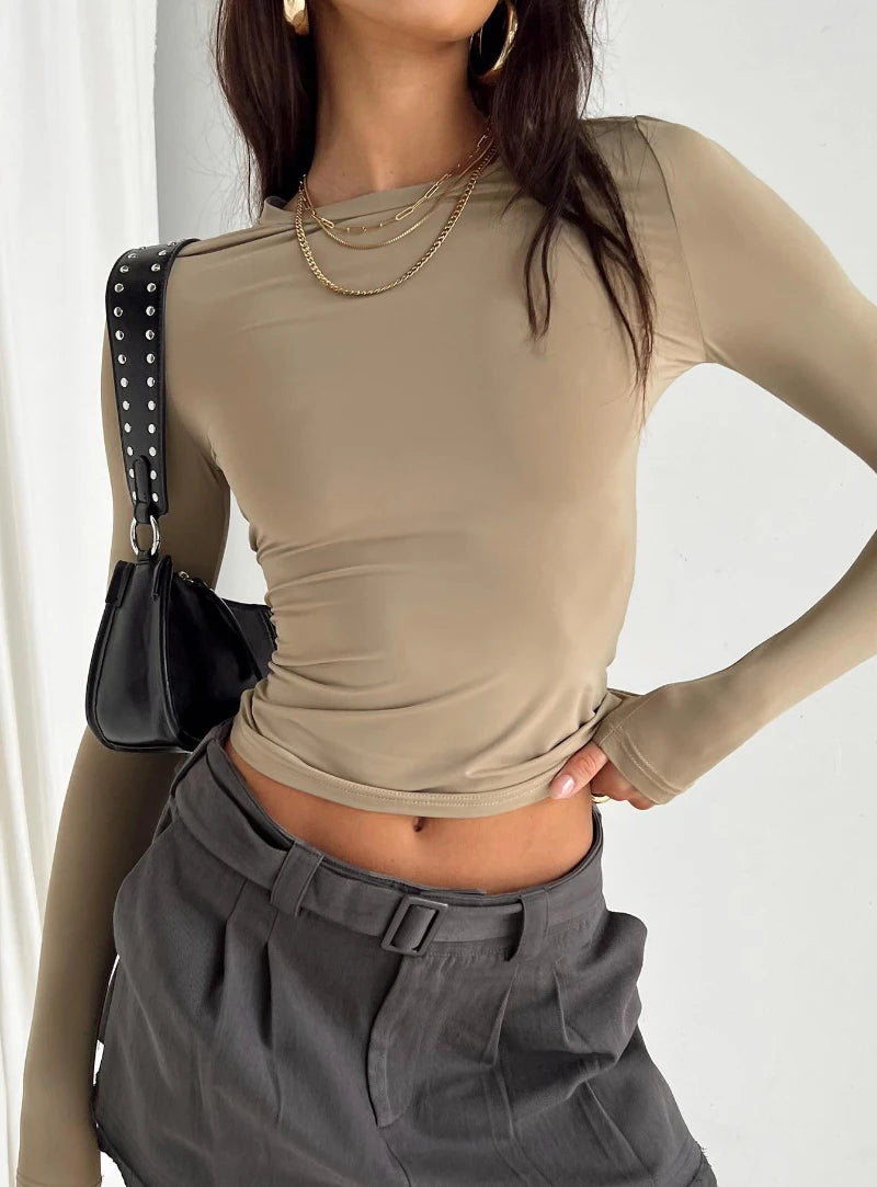 Women's Long Sleeve T-Shirt – Slim Fit, Solid Color Pullover, Basic Y2K Streetwear for Spring & Autumn