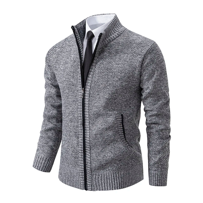 Jersey Men's Casual Sports Coat – Solid Color Stand Collar Sweater, Fleece-Lined, Warm Zipper Cardigan