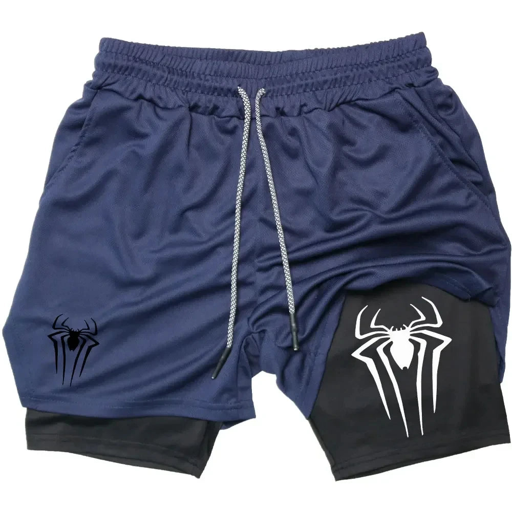 Y2K Performance Shorts Men – Spider Printed, Gym Casual Sports, Compression Shorts, Workout, Running, Mesh 2-in-1 Sport Shorts