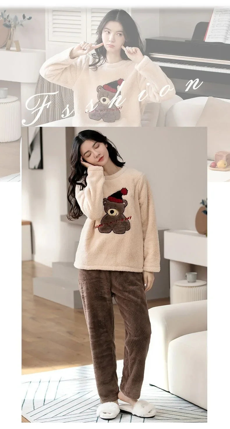 Thickened Warm Large Size Padded Fall and Winter Women's Pajamas – Top and Pants Set, Coral Velvet with Cartoon Bear, 2PCS/Set