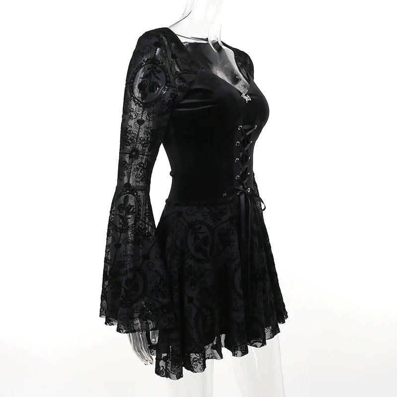Gothic Long Sleeve Ruffle Mini Dress Women's Vintage V Neck Velvet Stretchy Bodycon Cocktail Dresses Victorian Blouse