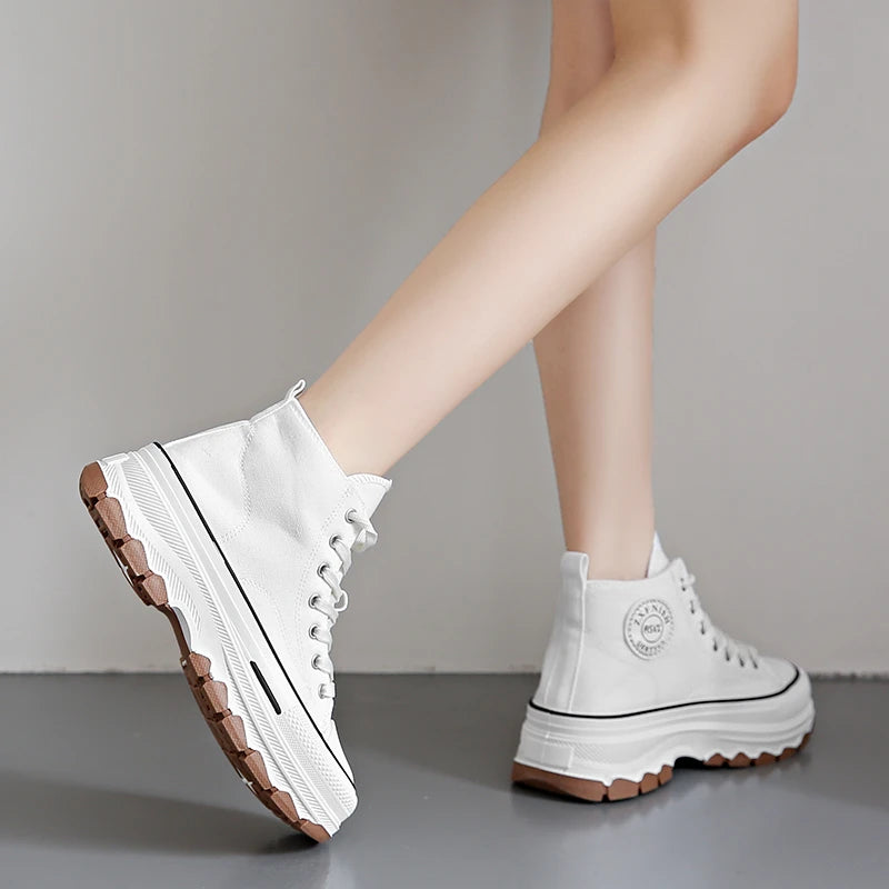 Women’s High Top Canvas Sneakers - Lace-Up, Non-slip, Wear-Resistant, Spring Platform