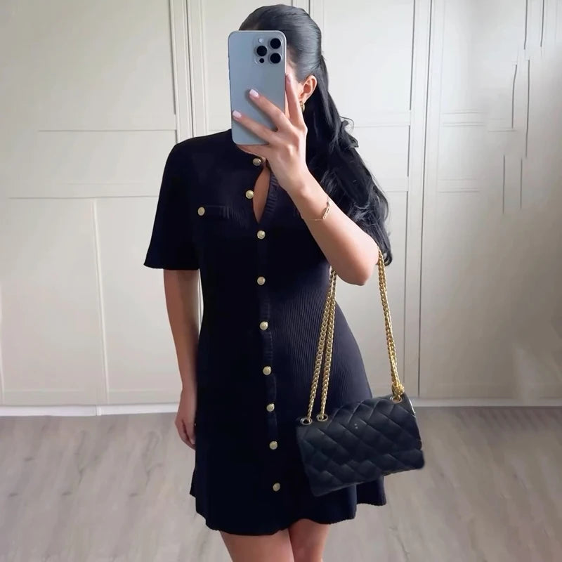 Elegant Knitted Mini Dress – Sexy, Slim Fit, Ribbed Knit, Metal Button, Short Sleeve, Holiday, Party Wear