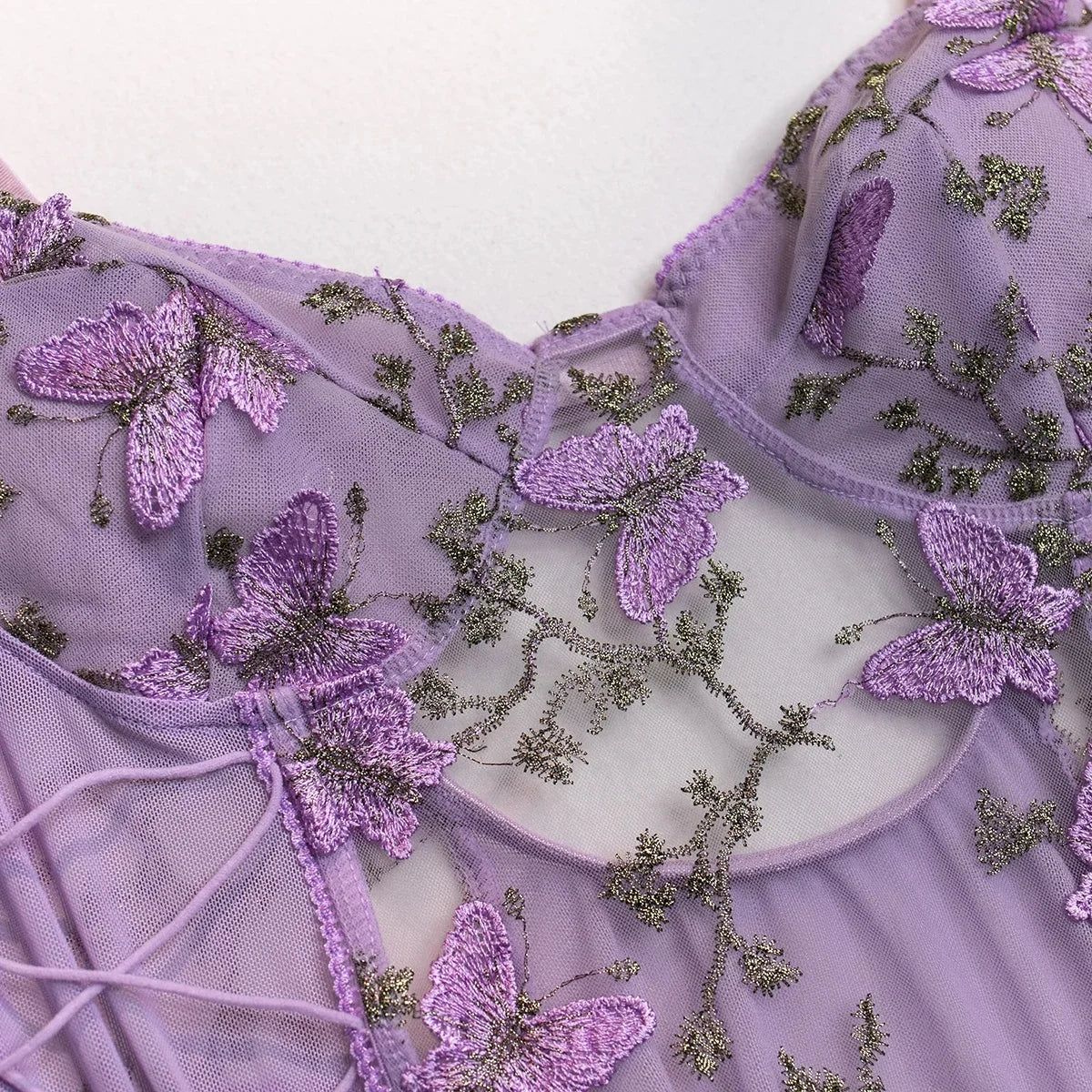 Yimunancy Boho Butterfly Embroidery Mesh Bodysuit – Women's Transparent Lace-Up Sexy Bodysuit, Body Femme