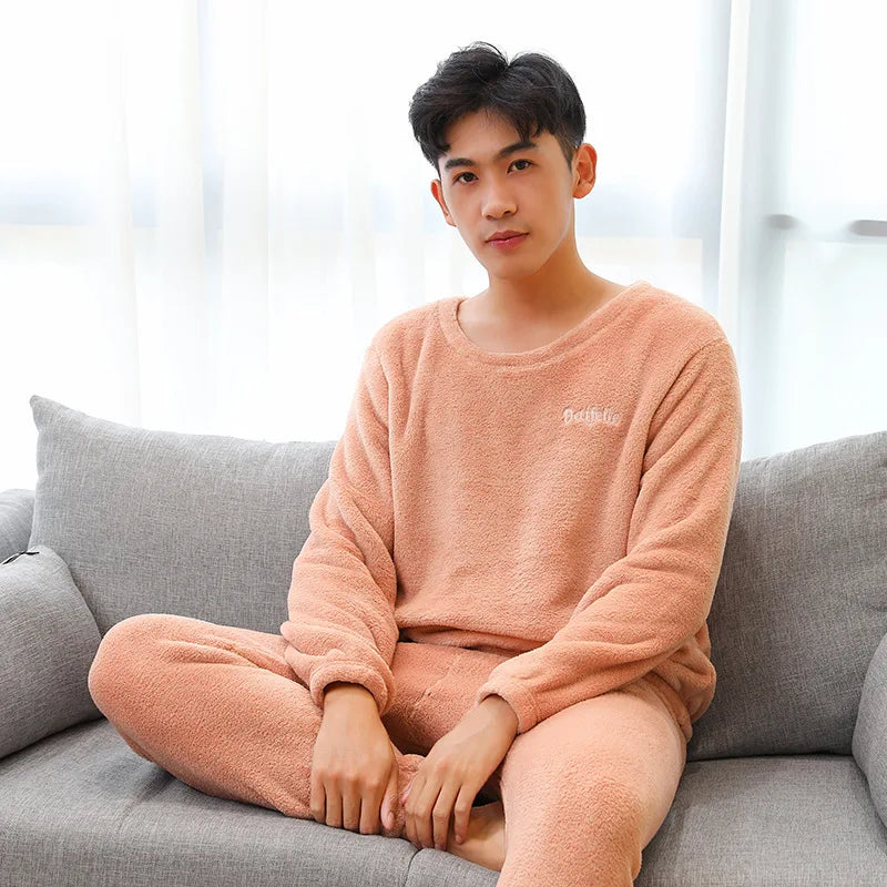 Men's Coral Velvet Pajamas – Thickened, Warm, Long Sleeve & Trousers, Solid Color, Soft Sleepwear, Autumn Winter 2PCS Set