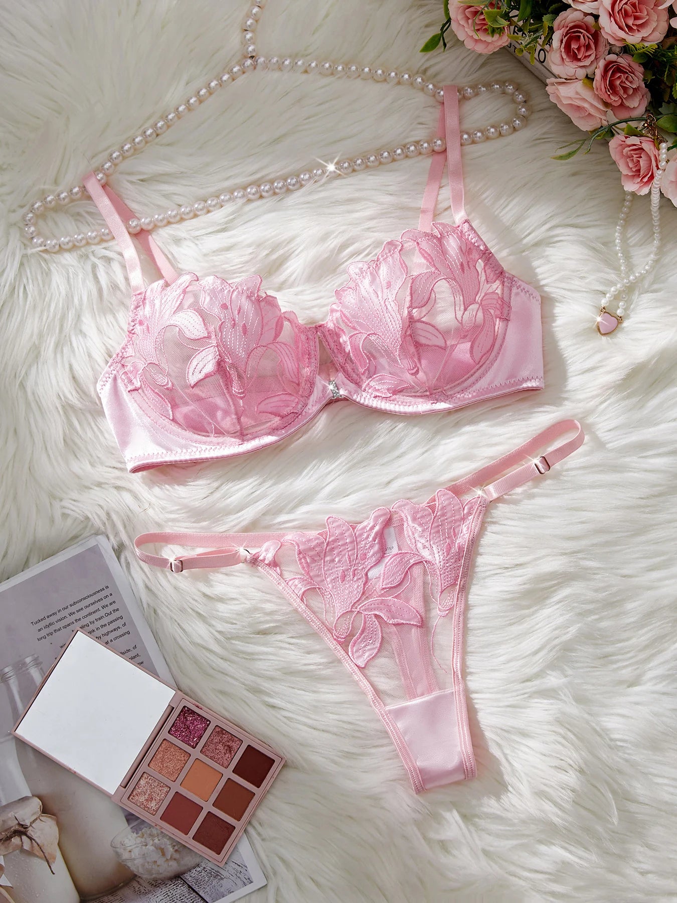 Floral Embroidery Sexy Lingerie Set – Women Transparent Bralette, Underwire Push Up Bra, Panty 2-Piece Set