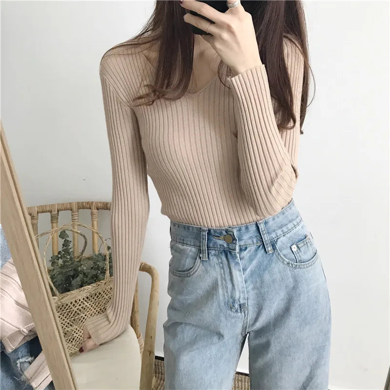 Korean V-Neck Knitted Sweater – Slim Fit, Autumn Winter Pullover, Fashion Jumper for Women
