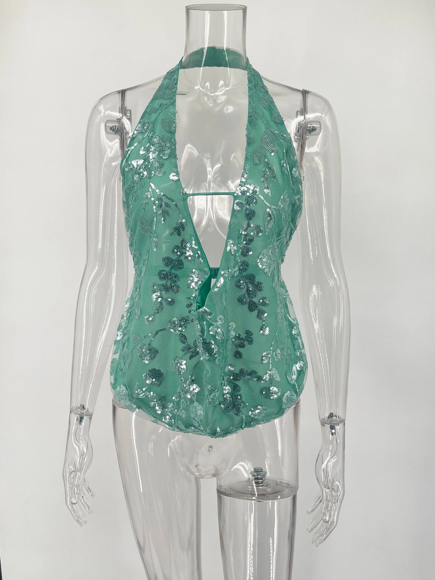 Sexy Deep V-Neck Beach Tank Top – Summer, Sequins Patchwork, Sleeveless, Vest, Vacation Outfit, Backless, Hot Girls Fashion