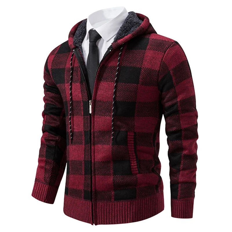 Men's Cardigan – Fashion Plus Velvet Padded Knit Jumpers, Male Sweater, Hooded Plaid Korean Luxury Brand Coat