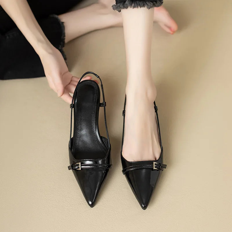 Pointed Patent Leather Sandals - Mid-Heel Overhead Retro Skinny Heel Backless Shoes for Women