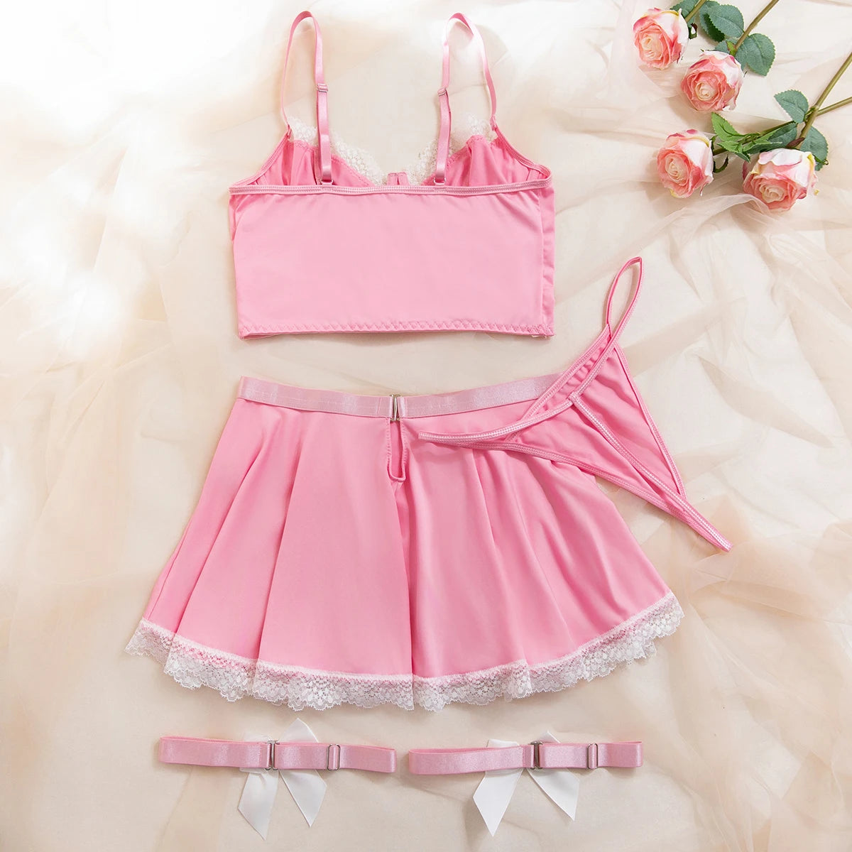 Maid Cosplay Lingerie Set – 5-Piece Sexy Lace Apron Uniform with Bow & Bandage Details