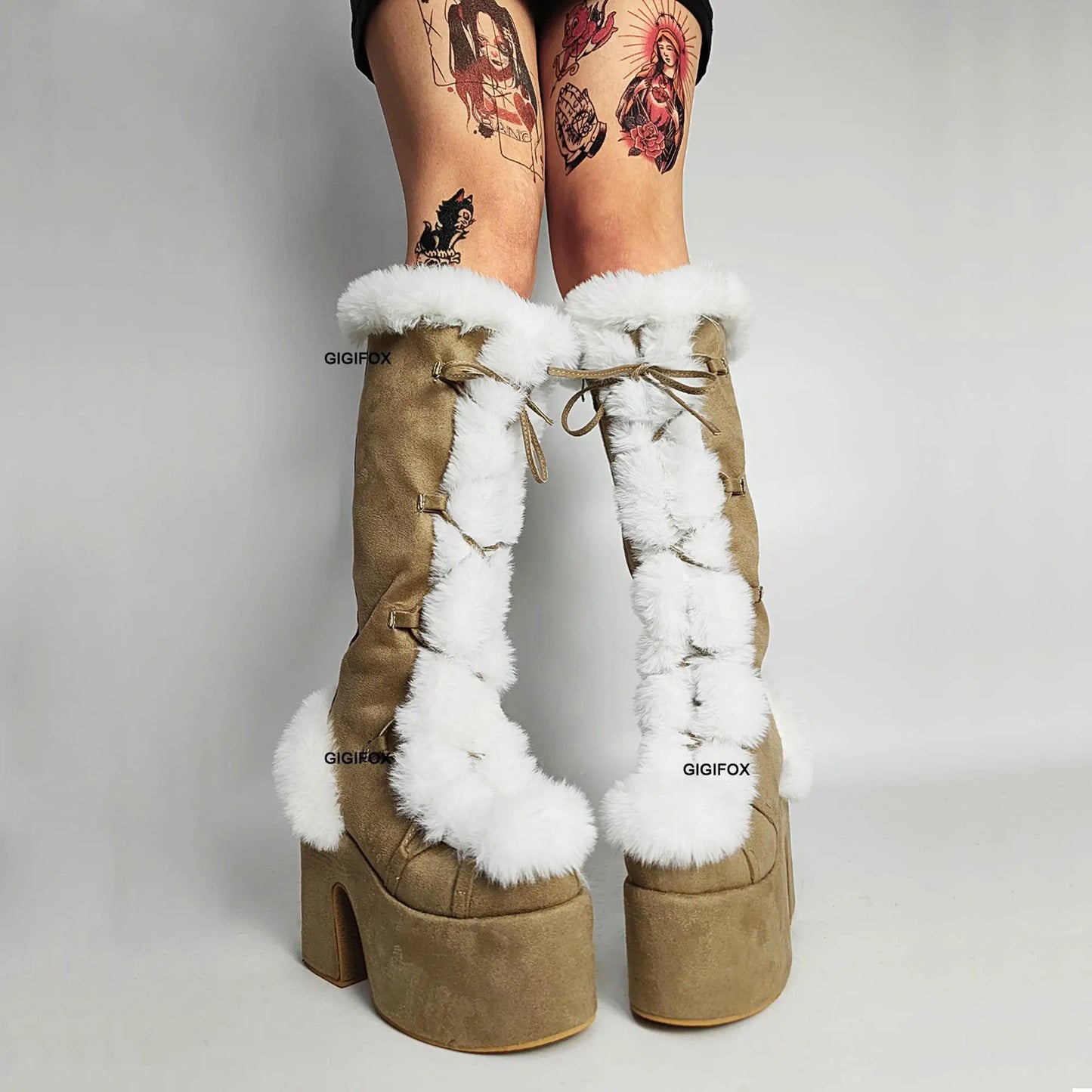 Platform Furry Boots – Chunky High Heeled Winter Autumn Knee High Boots, Women Faux Fur Zip, Gothic Style Punk Shoes Ladies