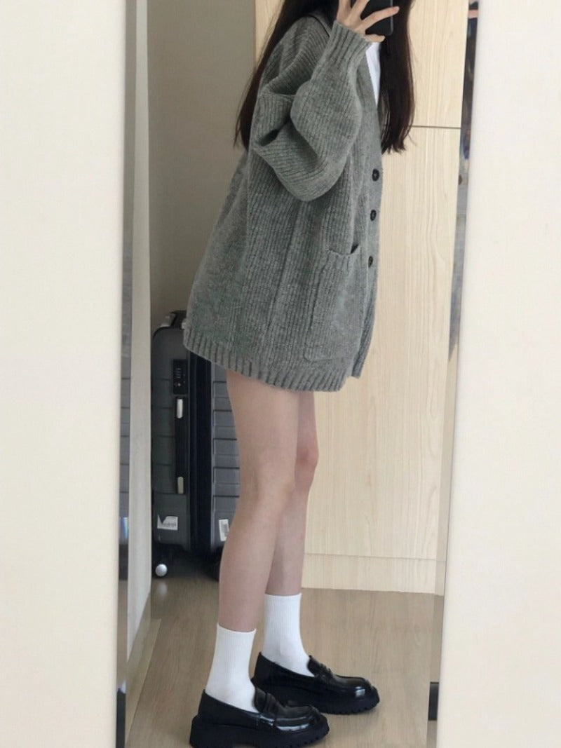 Women's Knitted Cardigan – V-Neck, Loose Fit, Long Sleeve, Casual Autumn Winter Jacket