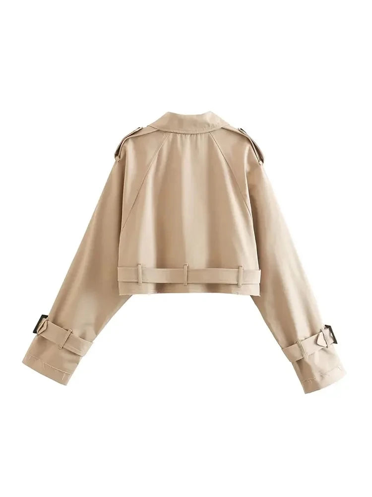 Belted Cropped Trench Jacket – Vintage Double-Breasted Spring Coat, Long Sleeve Streetwear