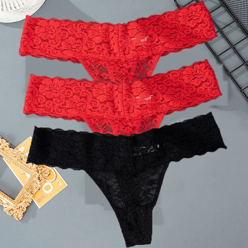 3PCS Lace Floral Thong Panties – Low Waist, Breathable, Sexy, Transparent, Solid Color Women's Underwear