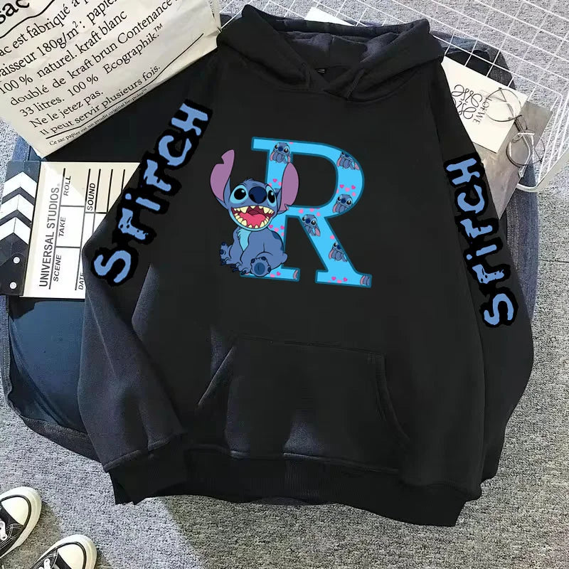Women's Winter Disney Hoodie – Cute Kawaii Lilo & Stitch, Lucky Letter Print, Black, Fashion Couple Streetwear (Big Size)