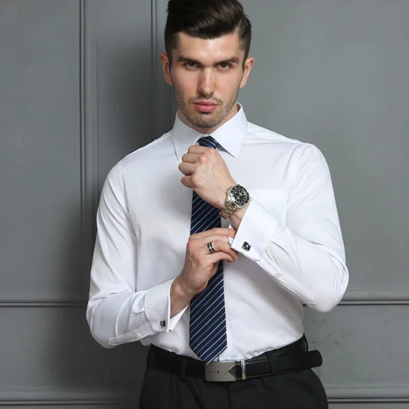 Men's French Cuff Formal Shirt – New White Long-Sleeved Business Button Shirt, Regular Fit With Cuff Buttons
