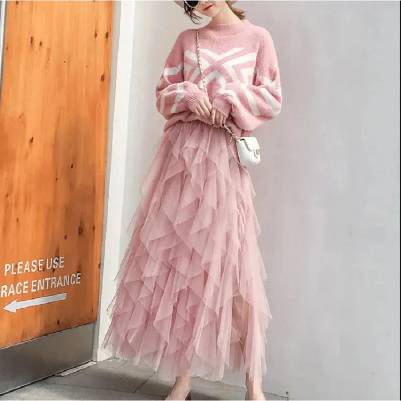 Women's Tulle Long Skirt – Tiered Tutu, A-Line, Mesh, Elastic Waist, Big Hem, Black/Gray/Pink/Beige
