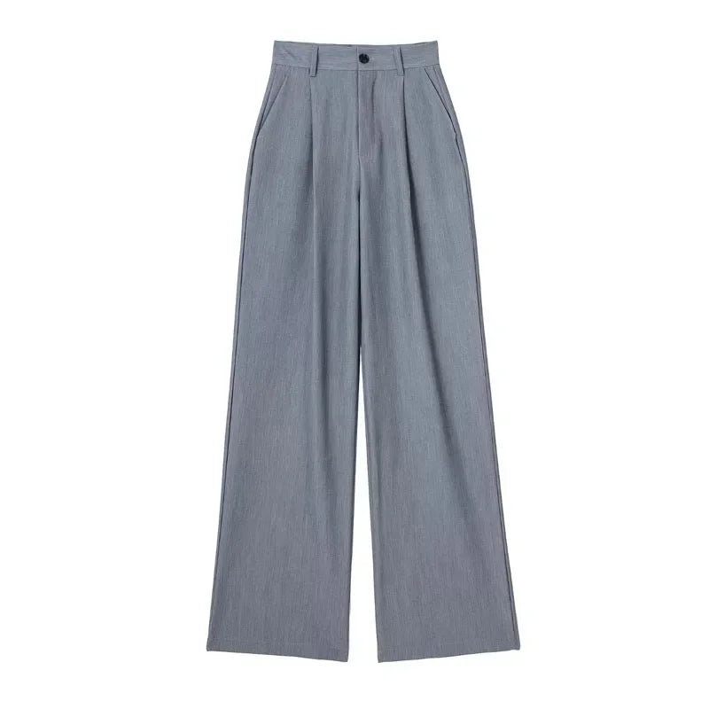 Women's Formal Pants – Office Wear, Striped Design, Grey/Black, High Waist, Baggy Fit, Suit Style, Casual Wide Leg