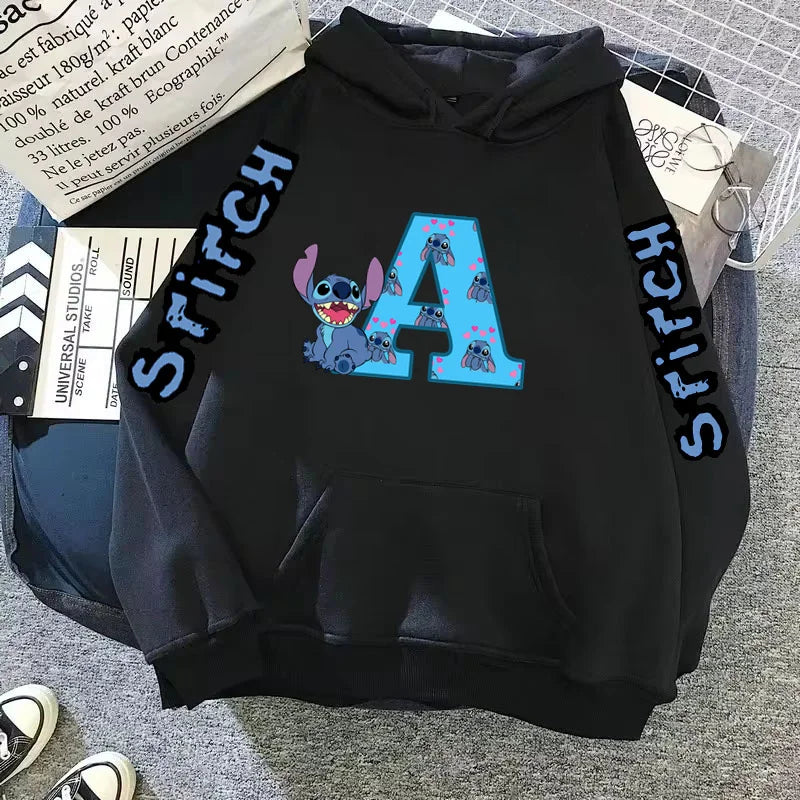 Women's Winter Disney Hoodie – Cute Kawaii Lilo & Stitch, Lucky Letter Print, Black, Fashion Couple Streetwear (Big Size)
