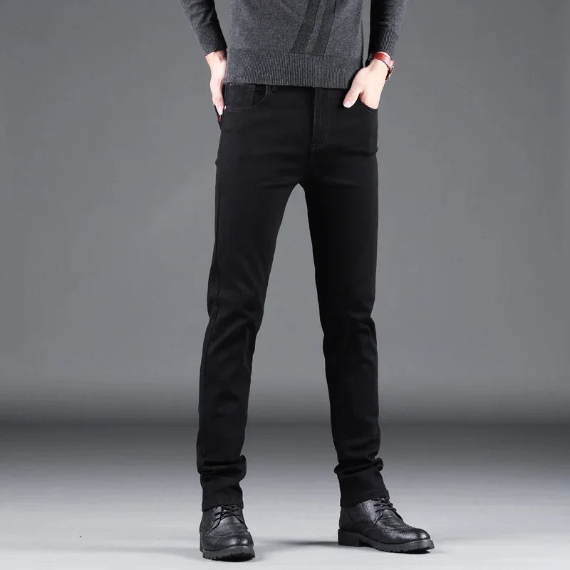 Men's Pure Black Slim Jeans – Elastic Straight Fit, Business Fashion, Leisure Style, Korean Vintage Denim Pants for Spring and Autumn