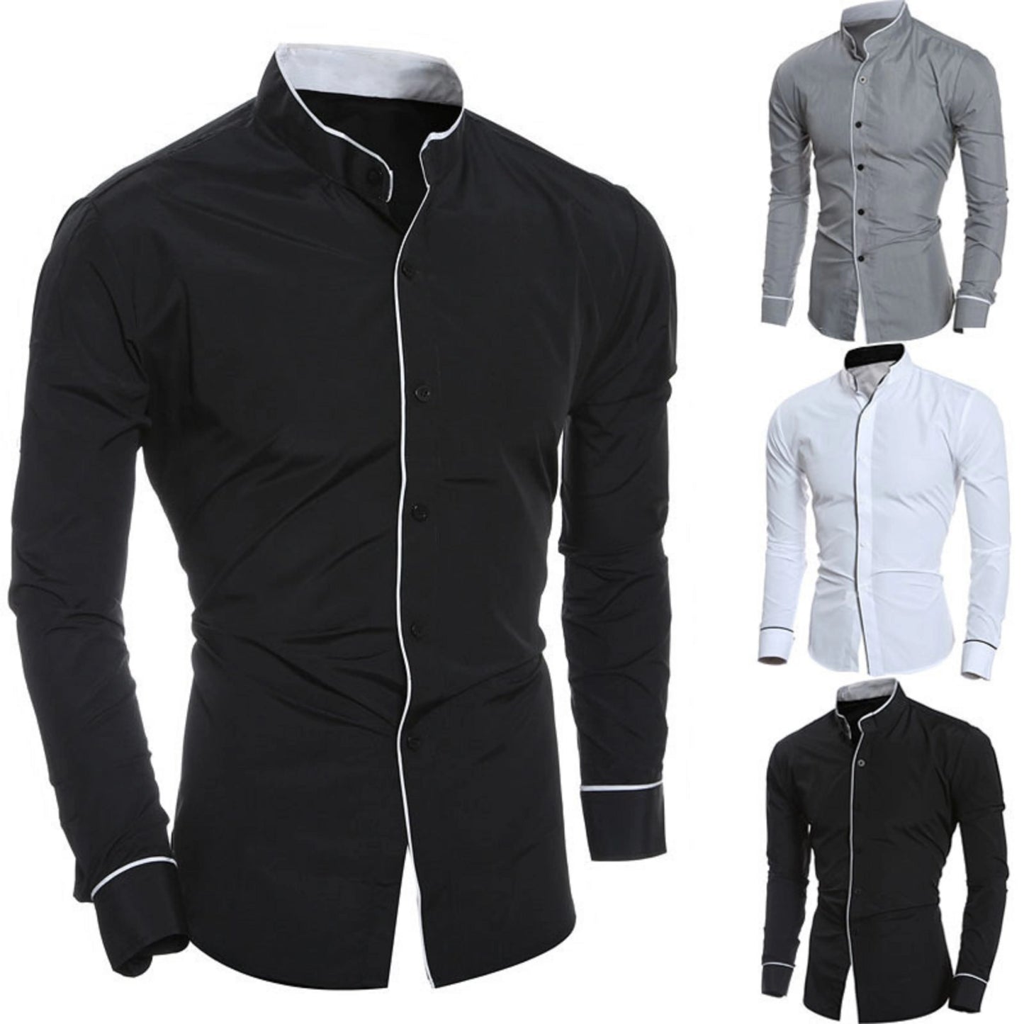 Men's Long-Sleeved Solid Color Shirt – Stand-Up Collar, Comfortable Button-Down, Fashionable Slim Fit Shirt