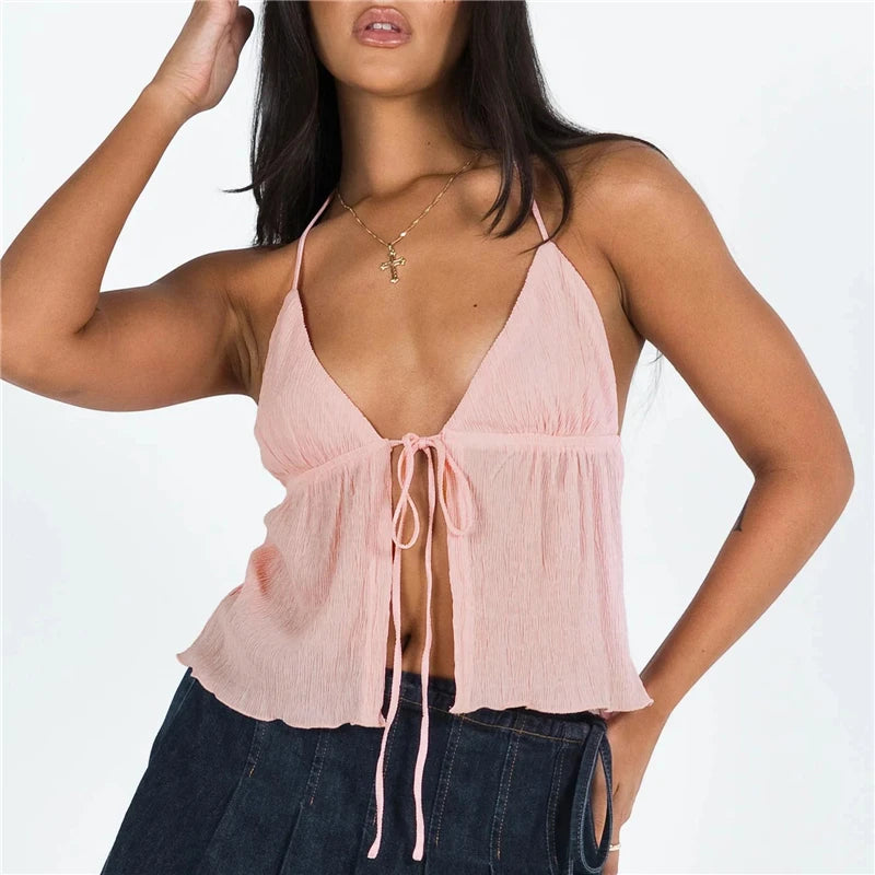 Sexy Summer Cami Top – Bowknot, Lace-Up, Sleeveless, Cropped, Elegant, Youth Fashion, Off-Shoulder, New Arrival
