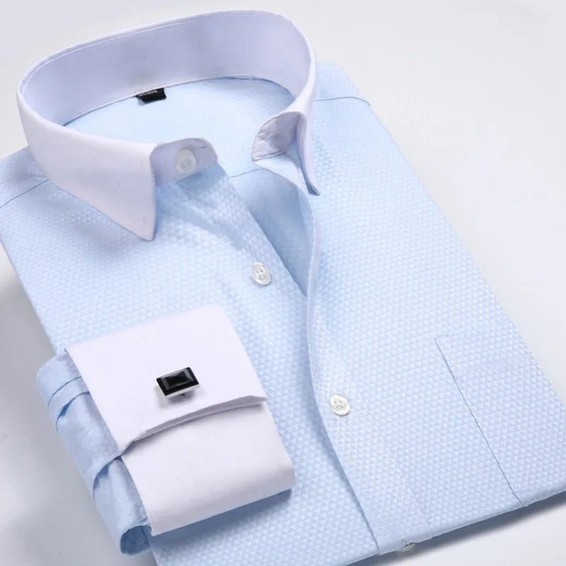 Men's French Cuff Formal Shirt – New White Long-Sleeved Business Button Shirt, Regular Fit With Cuff Buttons