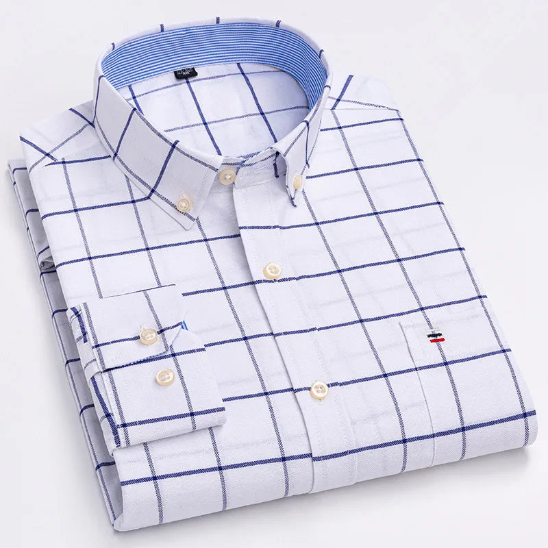 Men's 100% Cotton Shirt – Long Sleeve Plaid Oxford, Solid Color, Regular Fit Formal Dress Shirt, Available In Oversized