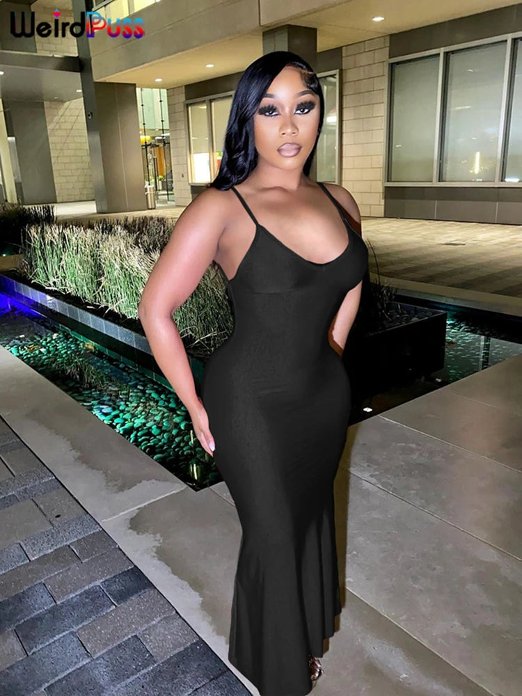 Weird Puss Sexy Backless Maxi Dress – V-Neck, Sleeveless, Elegant Mermaid Bodycon Evening Gown for Banquet & Prom