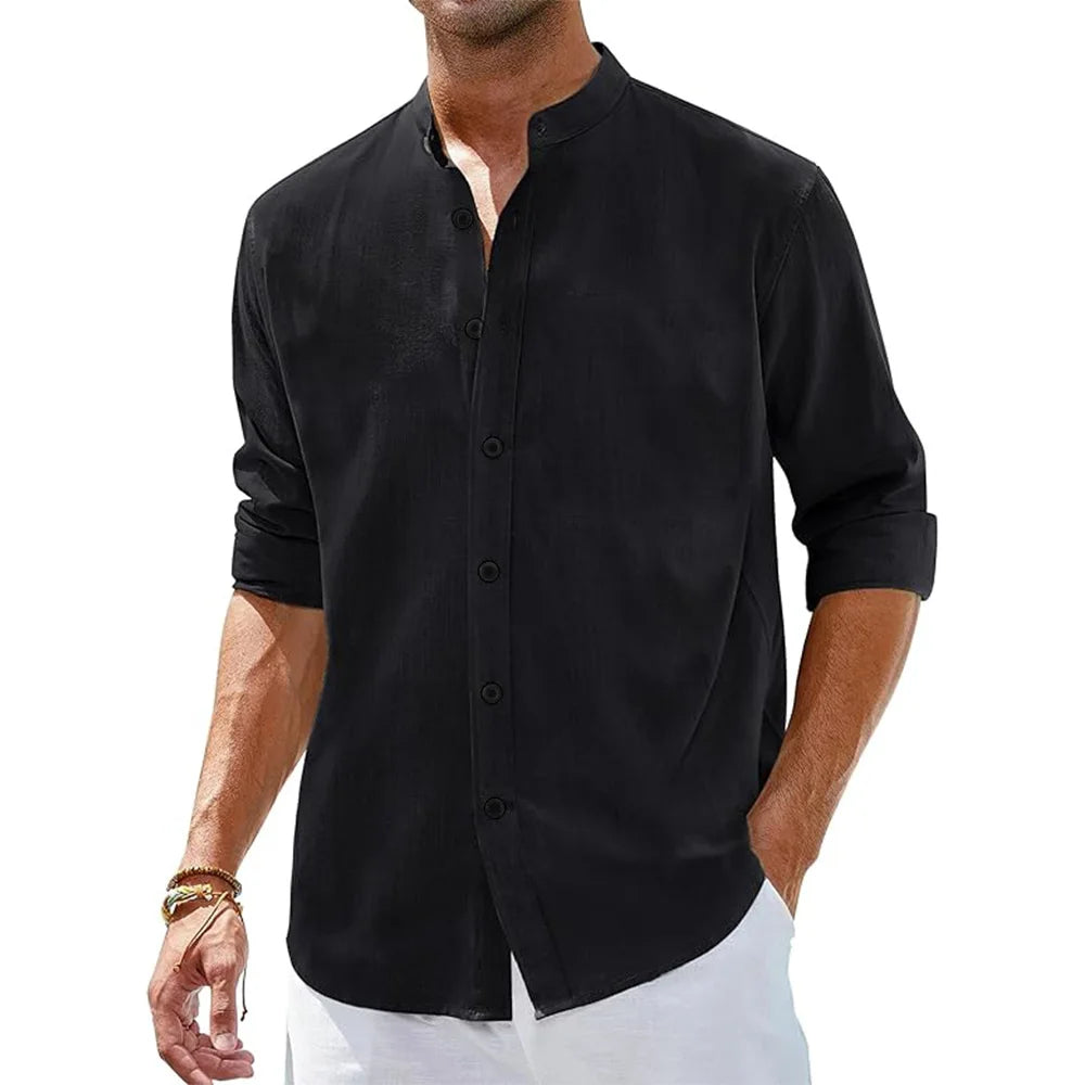 Men's Cotton Linen Shirts – Long Sleeve Button Down With Henley Collar, Beach Style Hawaiian Vacation Casual Tops