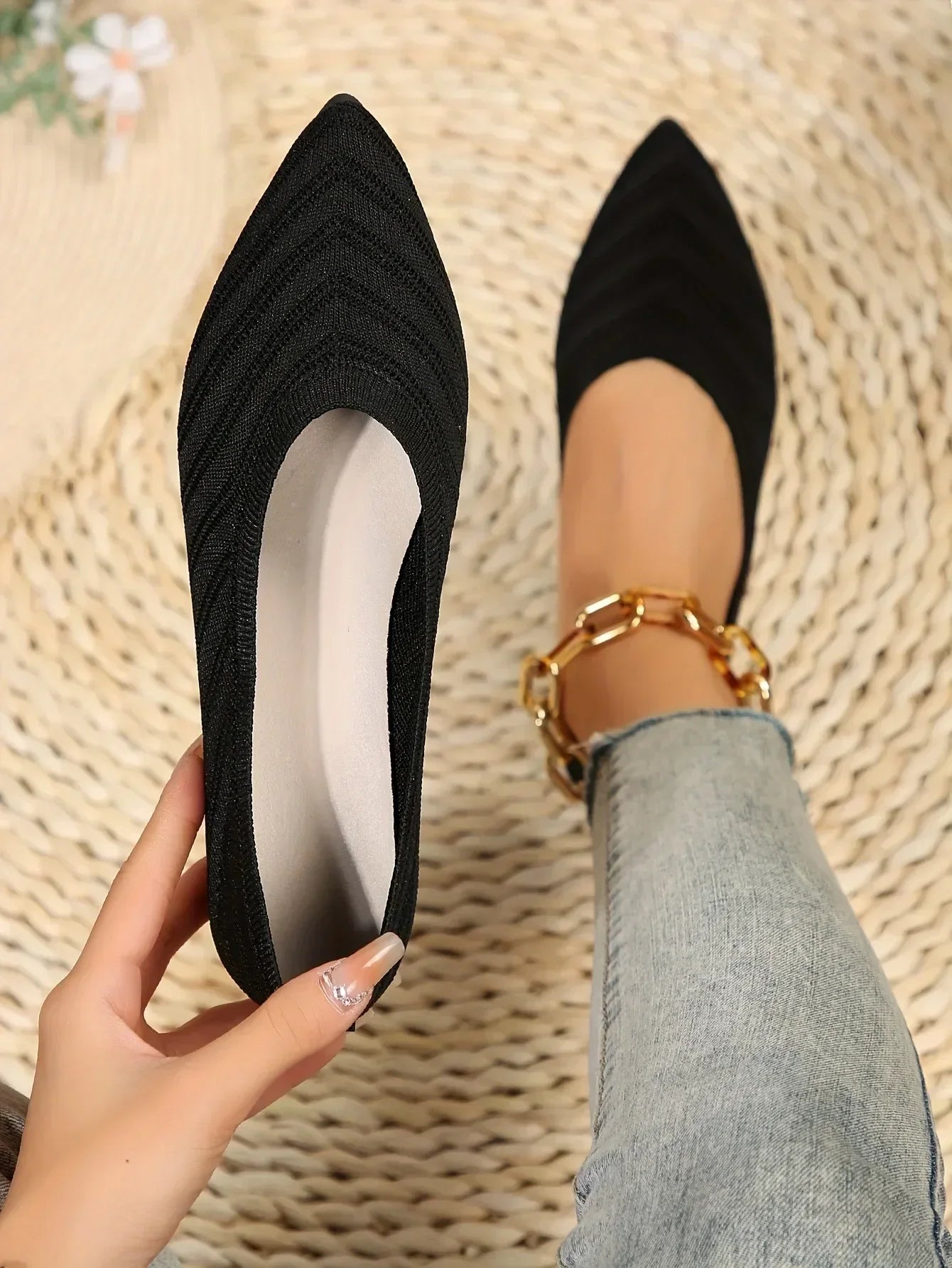 Pointed Toe Flats - Solid Color Knitted Slip-On Office Shoes, Casual Ballet Flats, Women's Loafers, Zapatos de Mujer