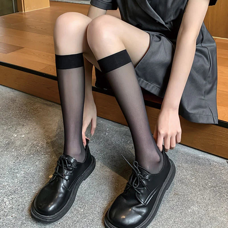 Summer Ultrathin Women's Silk Socks – Black, translucent, and stylish, with a medium calf sleeve