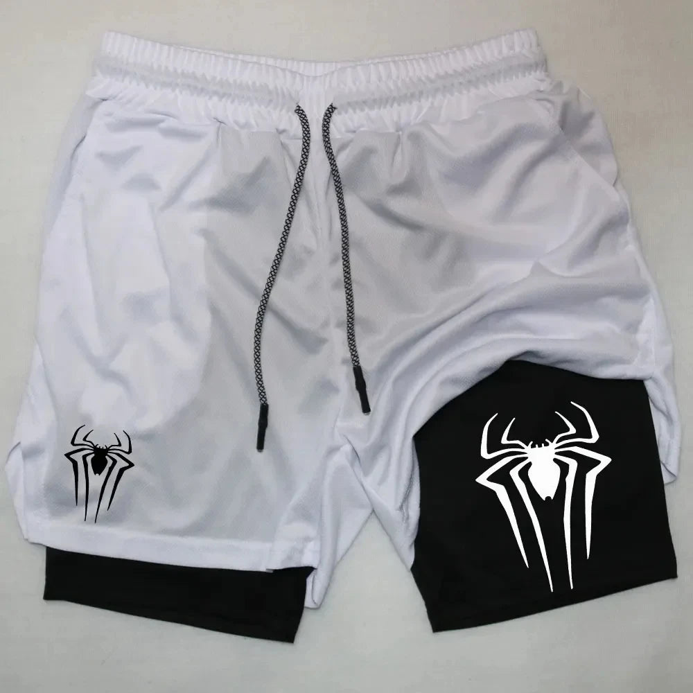 Y2K Performance Shorts Men – Spider Printed, Gym Casual Sports, Compression Shorts, Workout, Running, Mesh 2-in-1 Sport Shorts