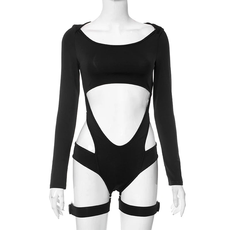 Zip Turtleneck Buckle Cutout Bodysuit – Long Sleeve, Sexy Club Romper, Black Techwear Jumpsuit for Women
