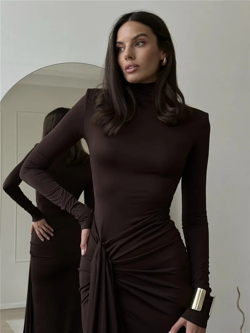 Turtleneck Thigh-High Split Maxi Dress – Sexy Long Sleeve Draped Bandage Bodycon Club Dress for Women