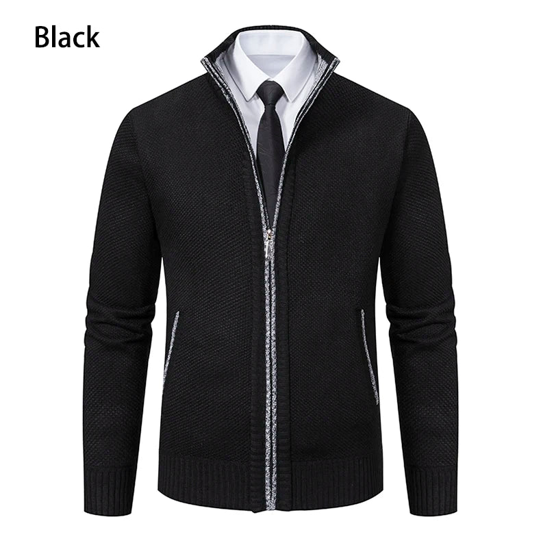 Jersey Men's Casual Sports Coat – Solid Color Stand Collar Sweater, Fleece-Lined, Warm Zipper Cardigan