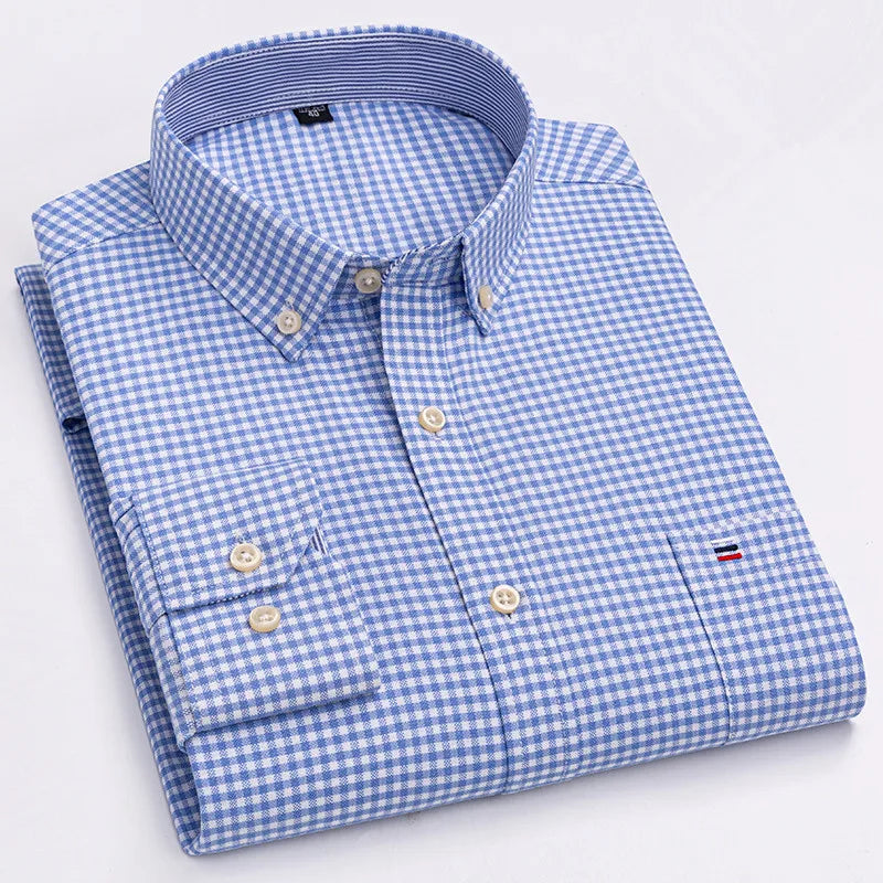 Men's 100% Cotton Shirt – Long Sleeve Plaid Oxford, Plaid, Regular Fit Formal Dress Shirt, Available In Oversized