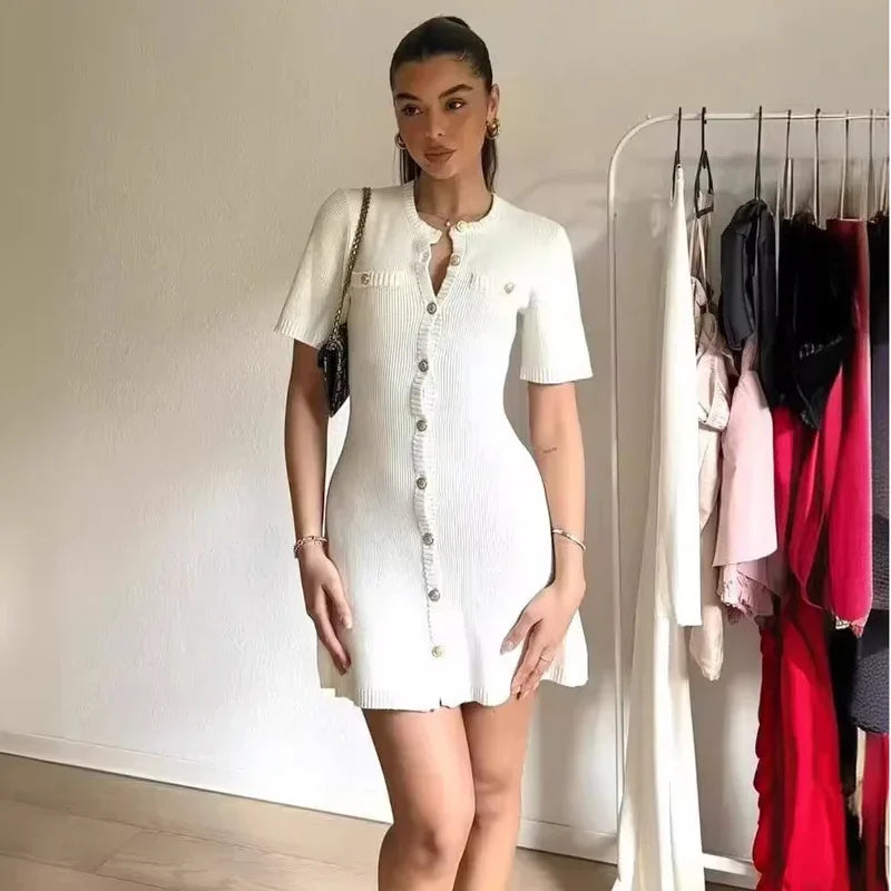 Elegant Knitted Mini Dress – Sexy, Slim Fit, Ribbed Knit, Metal Button, Short Sleeve, Holiday, Party Wear