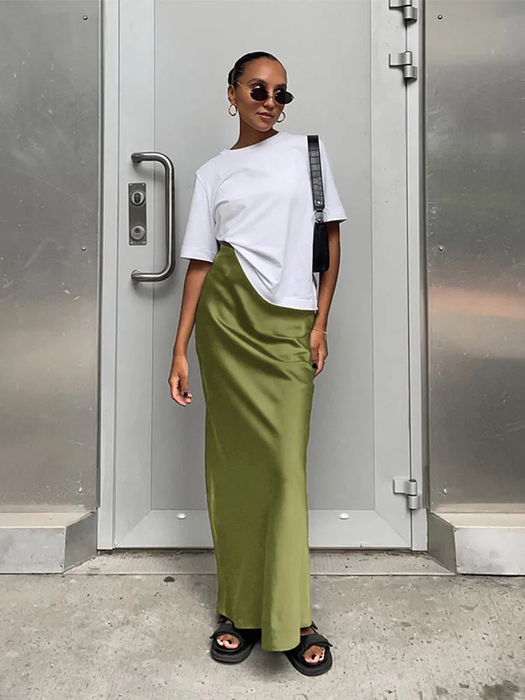 Elegant Satin Trumpet Skirt – Slim Fit, High Waist, Solid Color, Office Wear, Long Skirt, Spring Summer